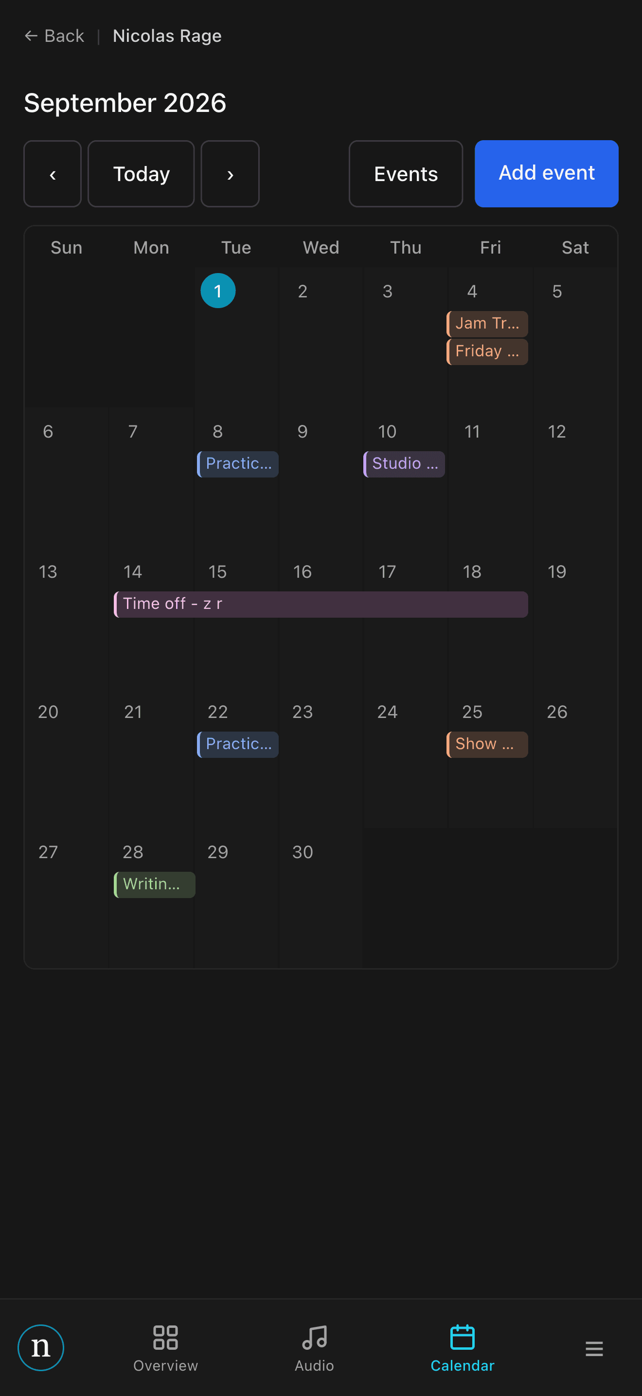 A month view with colour-coded events.