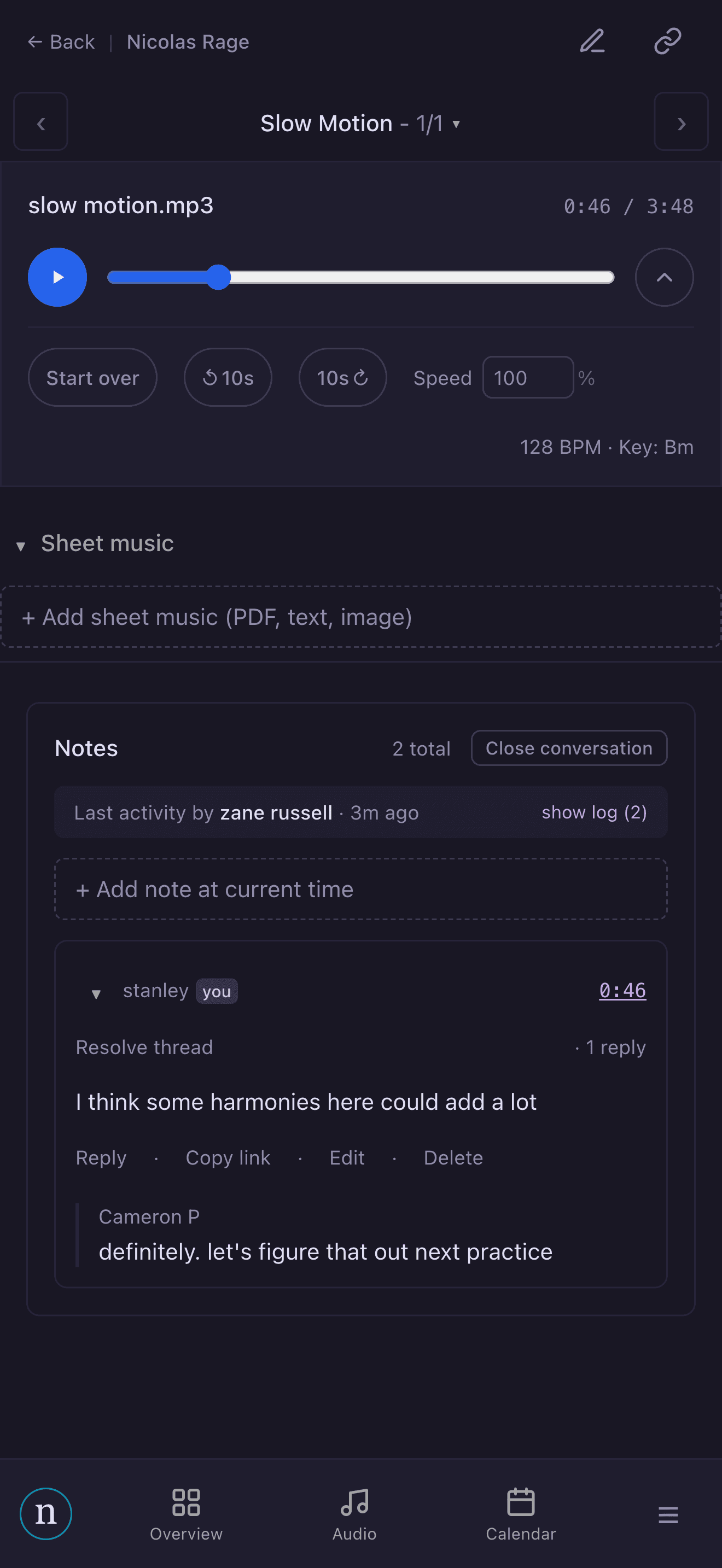 A track playing with a comment pinned at 0:46 and a reply beneath it.
