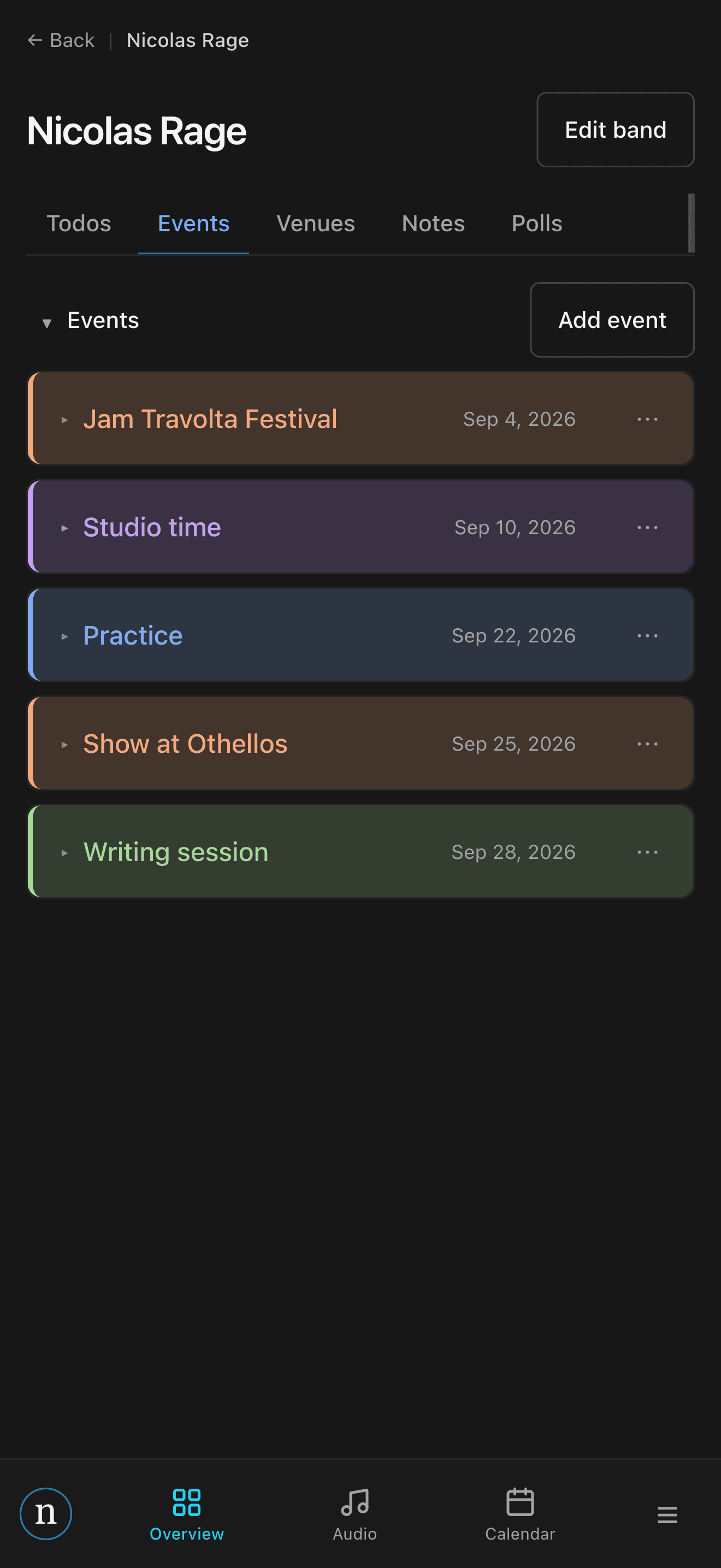 The same events as a list.