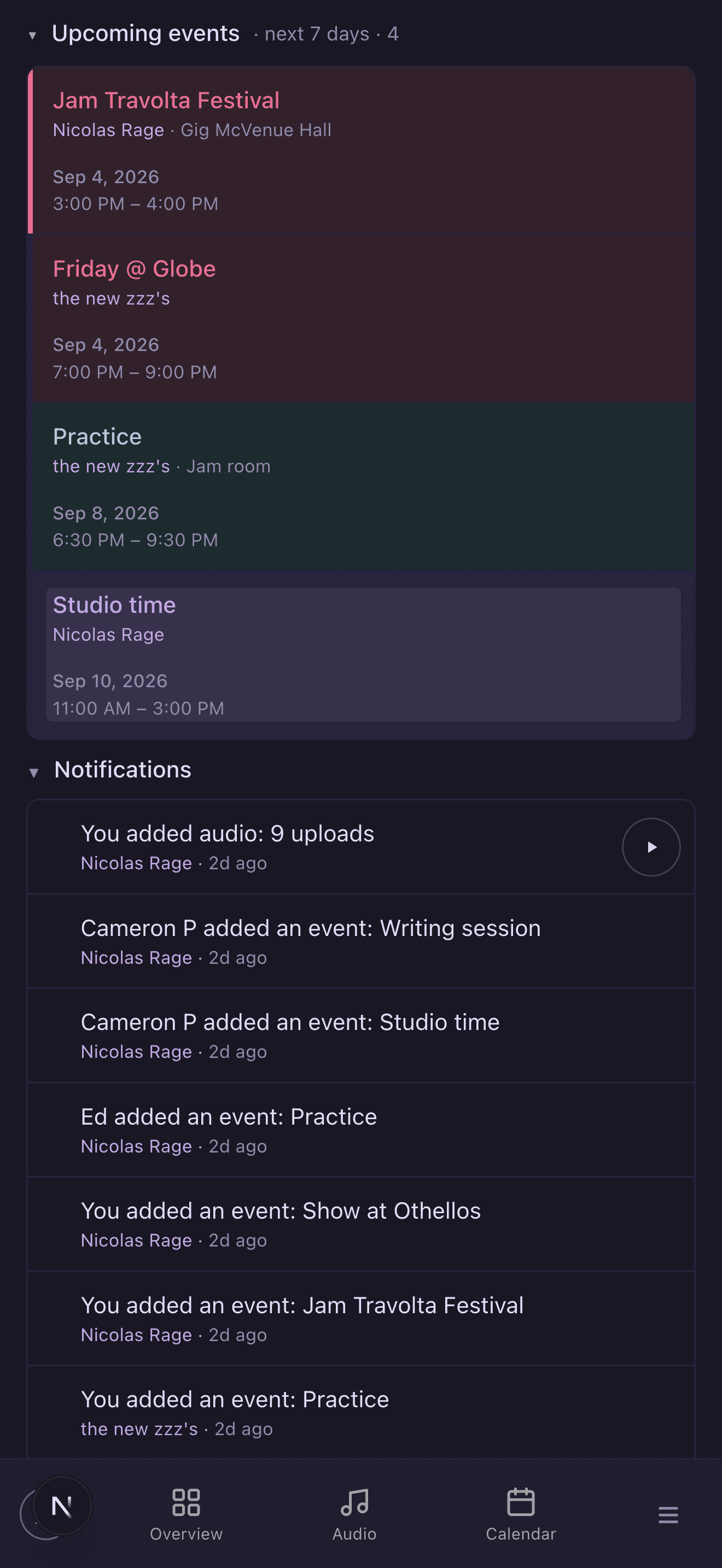The home screen showing upcoming events and a notification feed.