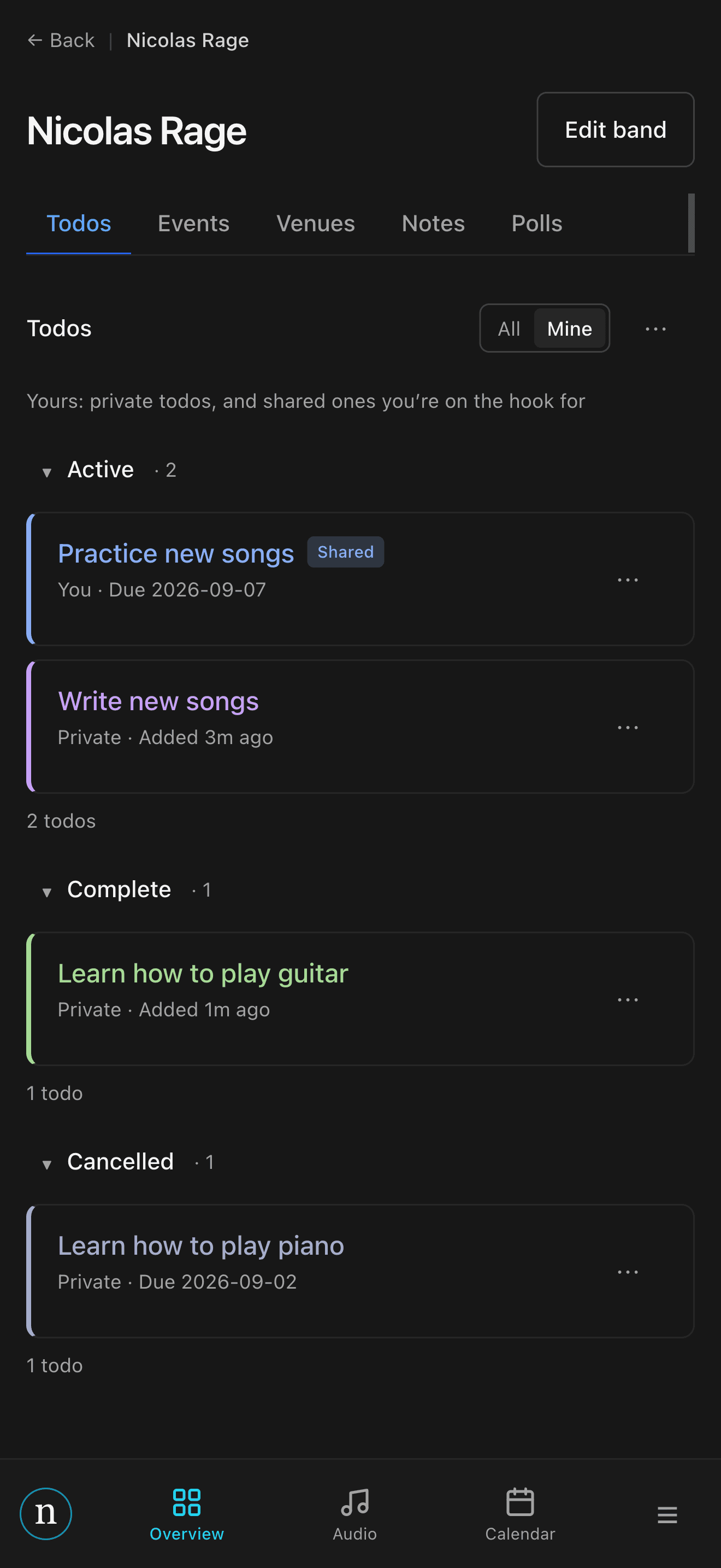 Todos grouped into active, complete and cancelled, with shared and private badges.